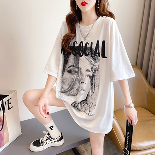 纯棉中长款t恤女短袖2025年新款夏装学生欧货大阪宽松大码上衣潮