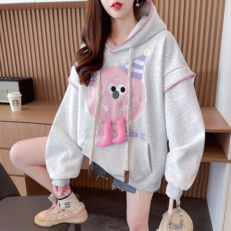 刺绣连帽卫衣女秋冬加绒加厚设计感宽松大码欧货大版带帽上衣外套