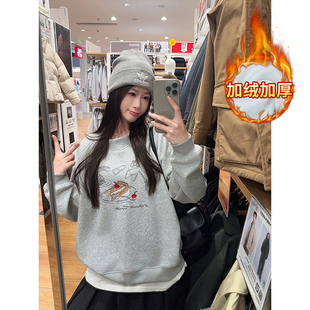 韩系巨好看刺绣卫衣女秋冬加绒大码宽松慵懒风超火小众不撞款上衣