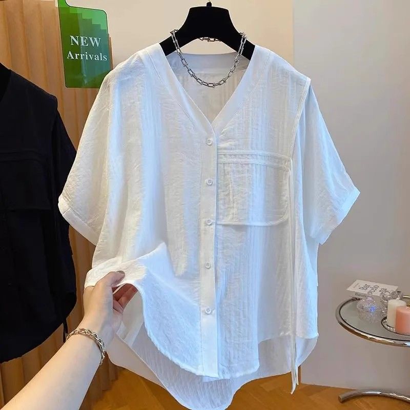 特大码300斤V领不规则短袖衬衫男女装夏季薄款宽松小众五分袖衬衣