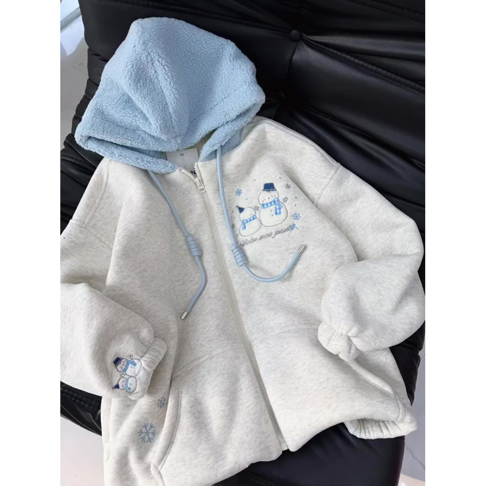 美式复古雪人刺绣连帽卫衣女秋冬加绒加厚休闲减龄学院风开衫外套