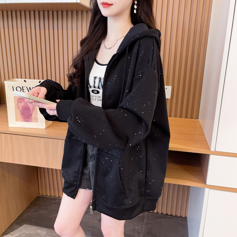大码女装胖mm亮闪闪拉链薄款卫衣女秋冬季新款韩版宽松满天星外套
