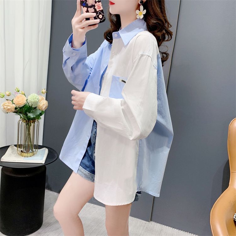 设计感小众撞色牛仔外套女春秋款大码超好看时尚洋气爆款衬衫上衣