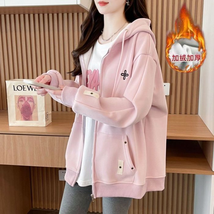 韩系大码女装纯棉连帽卫衣外套女秋冬季新款宽松潮牌加绒开衫上衣