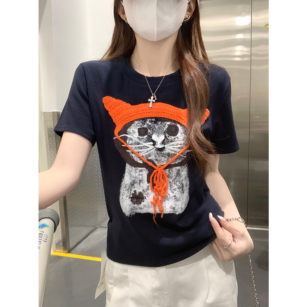 卡通针织帽子猫咪短袖t恤女夏季2026新款韩系显瘦正肩纯棉上衣ins
