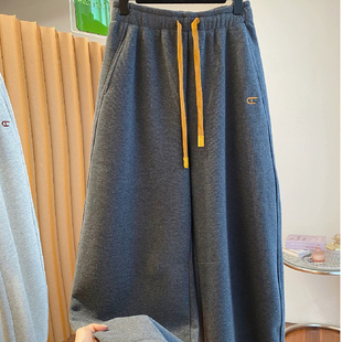 胖妹妹大码300斤刺绣撞色加绒加厚休闲卫裤女秋冬新款显瘦松紧裤