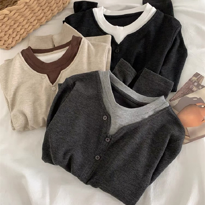 胖妹妹大码220斤假两件磨毛长袖上衣女春秋显瘦打底衫遮肚子T恤冬