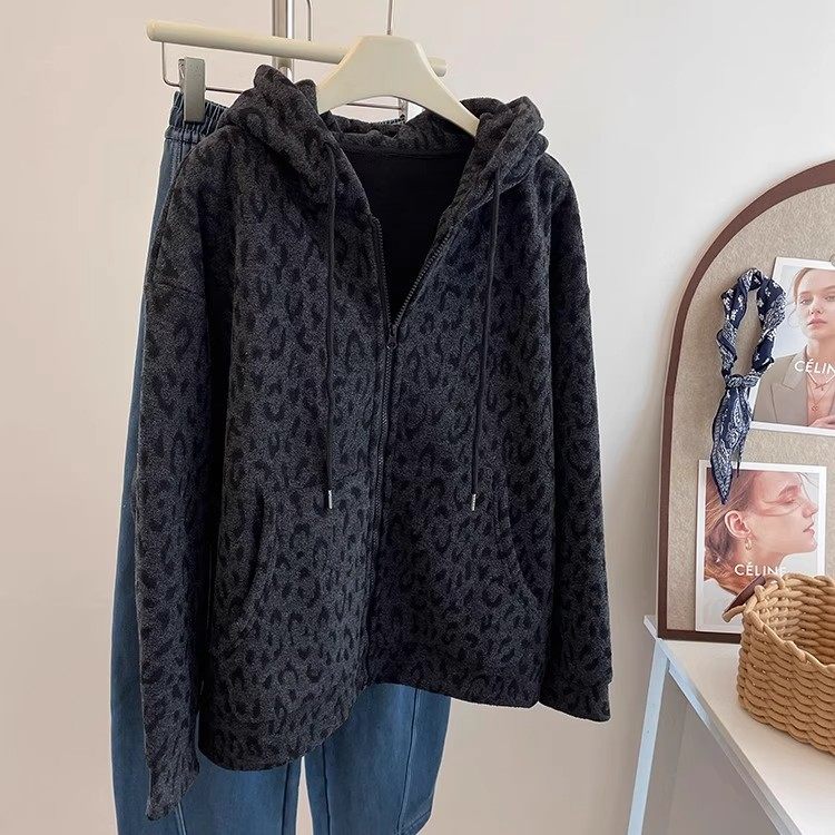 胖MM大码240斤加绒加厚连帽外套女秋冬宽松大版深灰百搭保暖卫衣