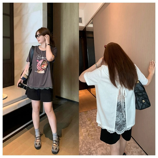 胖mm显瘦上衣潮 大码 纯棉小狗印花后背蕾丝正肩短袖 T恤女夏季 新款