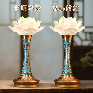 纯铜LED佛前琉璃莲花灯插电家用佛堂观音财神一对供佛灯长明灯