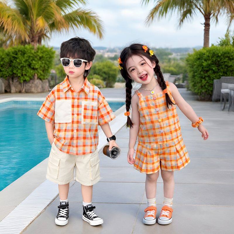 龙凤双胞胎兄妹格子姐弟夏季套装
