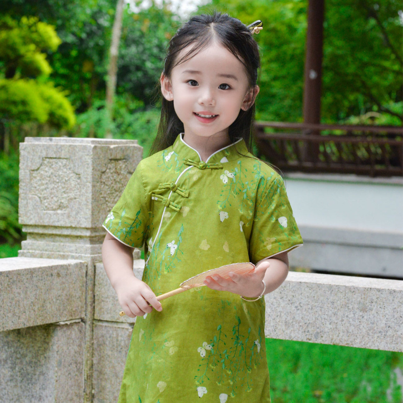 童装女童短袖旗袍裙2026新款春夏装新款绿色蝴蝶印花裙子宝宝