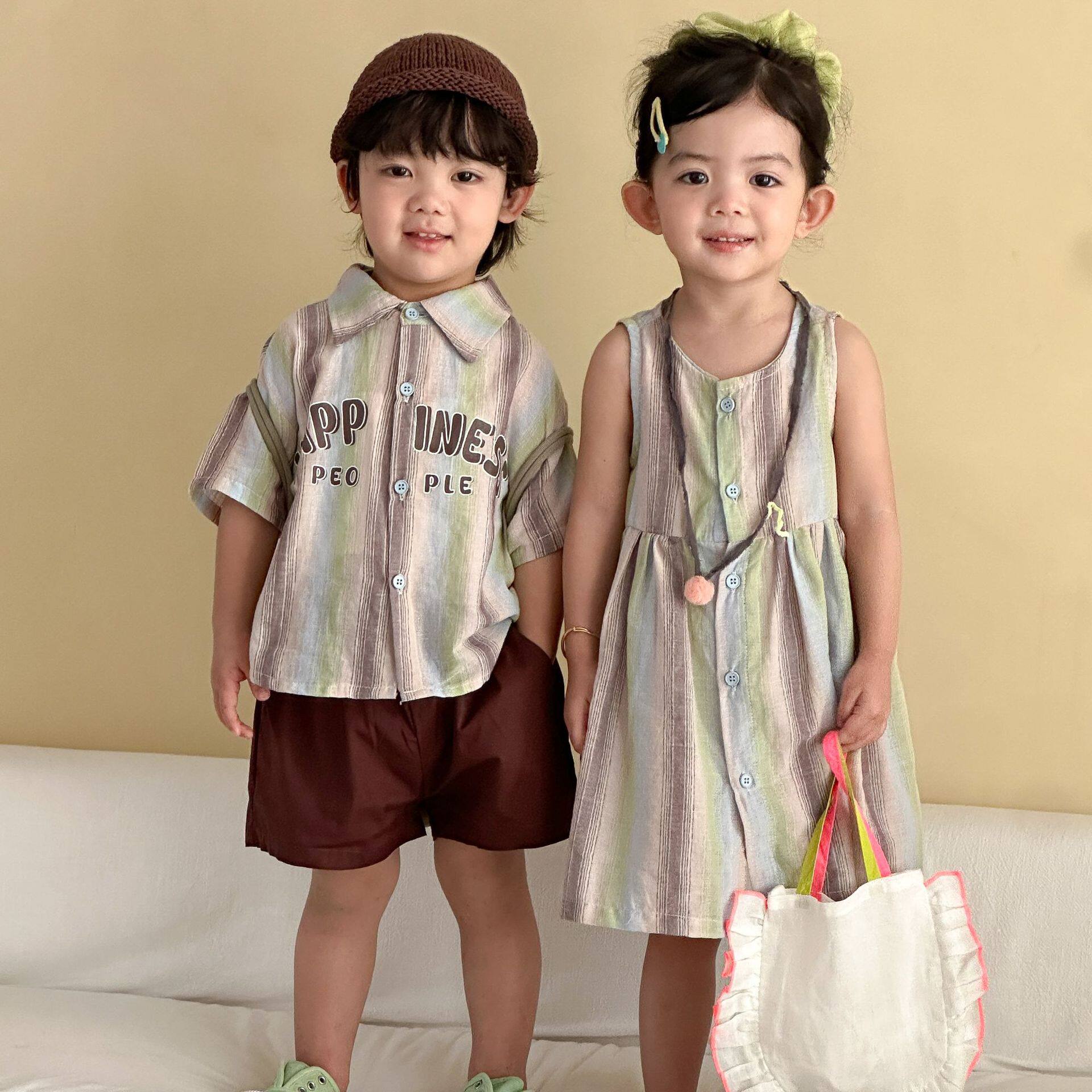 儿童夏季套装男童条纹衬衫2026新款宝宝洋气女童背心连衣裙兄妹装