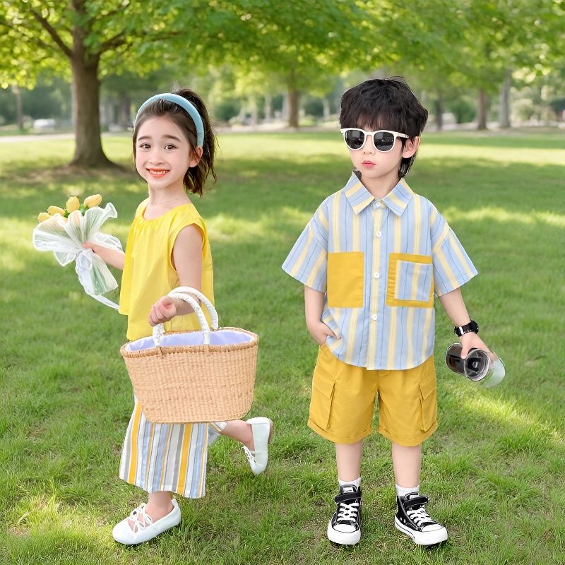 龙凤胎兄妹姐弟儿童夏季条纹套装
