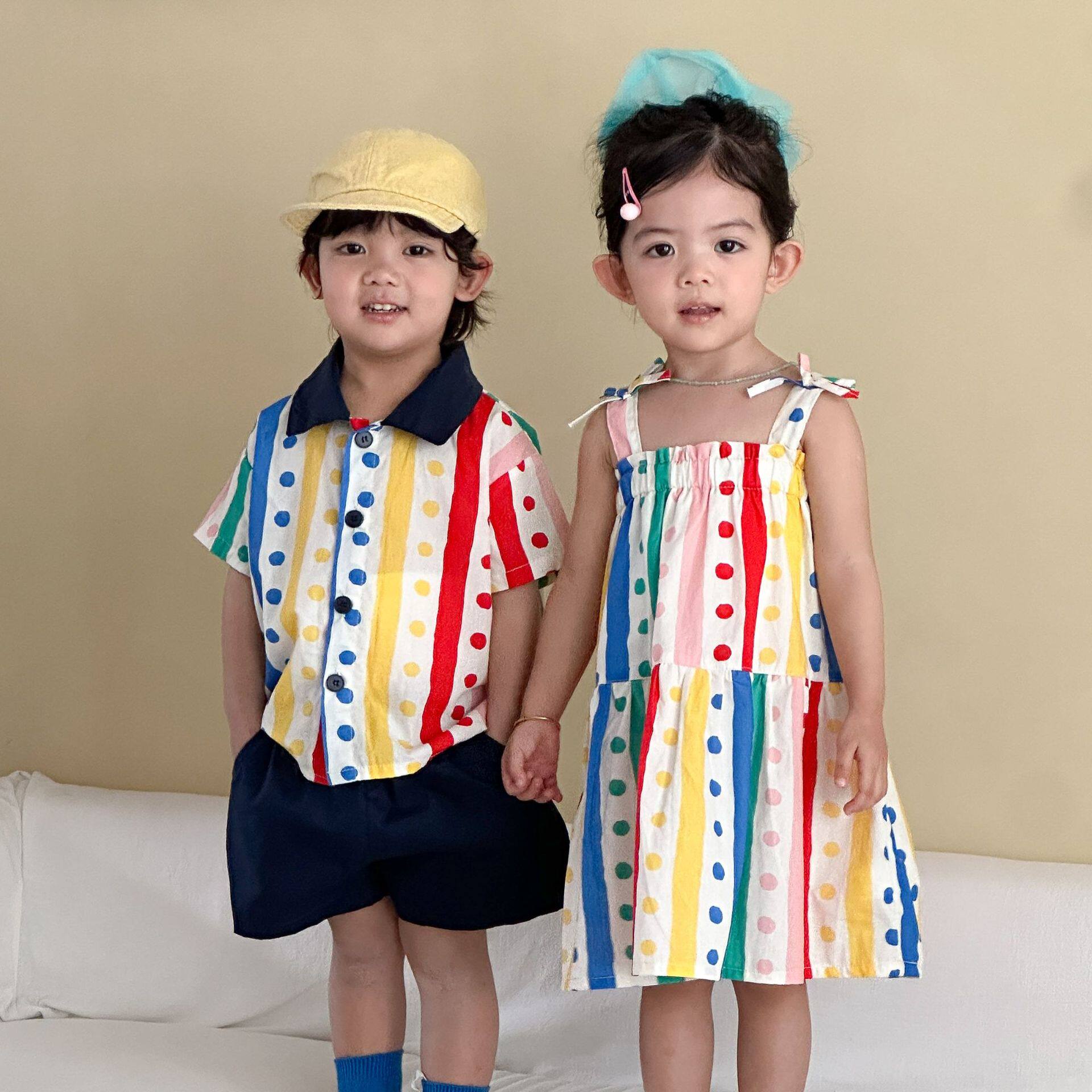 儿童夏季衬衫套装度假宝宝女童2026新款夏装波点男童休闲短袖短裤