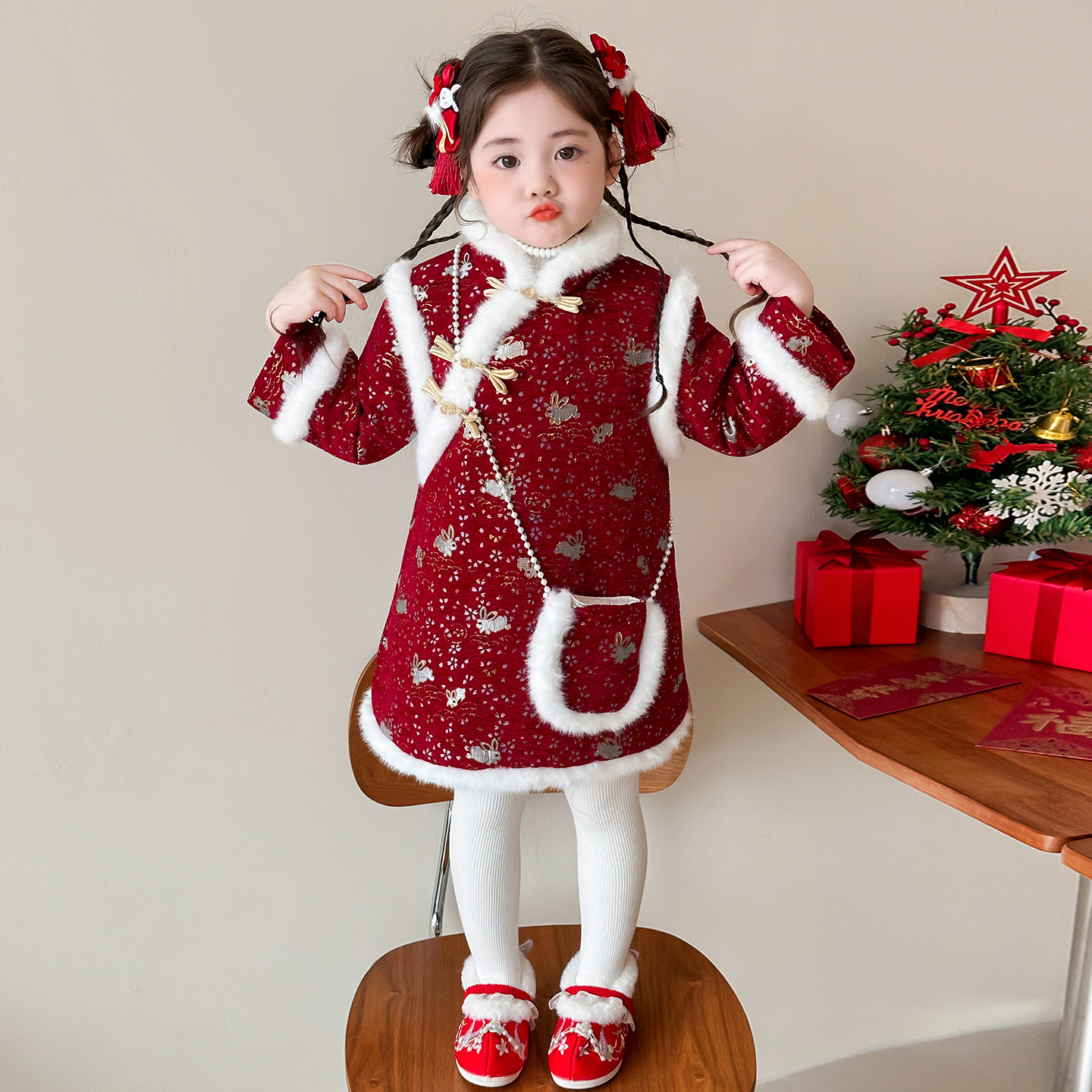 女童拜年服冬季2025新款儿童洋气女宝宝中国风夹棉冬装旗袍连衣裙