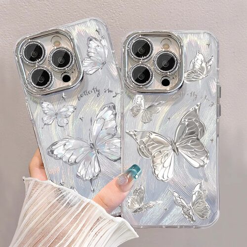 银色蝴蝶全包适用于苹果18手机壳17Air16promax小米15情侣iphone14华为mate80pura90荣耀vivo红米k90oppoiQOO