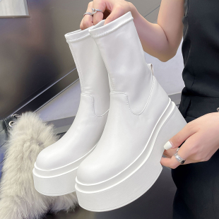 秋冬新款增高女鞋松糕跟短筒靴子真皮短靴瘦腿弹力靴坡跟厚底矮靴