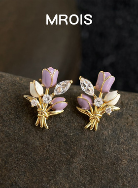 A154郁金香~原创厚镀真金紫色花束耳钉轻奢珐琅滴釉气质花朵耳饰