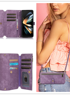 适用于三星fold4手机壳折叠屏zfold3新款保护套z flod7插卡零钱GalaxyZ Fold56翻盖式皮套斜拷可背肩带挂绳包