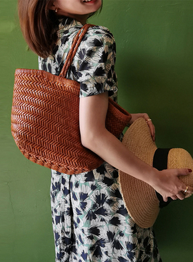 bounded法式复古头层牛皮真皮编织包手提包高级菜篮子托特包旅游