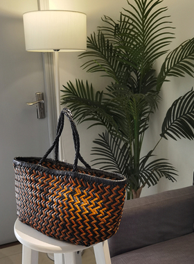 bounded法式复古头层牛皮真皮手工编织包手提包高级菜篮子托特包