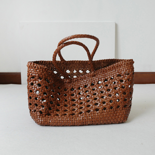 bounded有界Dragon法式菜篮子包镂空纯牛皮手工编织度假手提包女