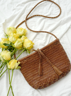 bounded有界休闲迷你流苏单肩斜挎菜篮子手工真皮编织手机小方包