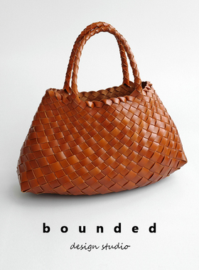 bounded法式小众设计手工真皮牛皮编织包休闲托特复古手提菜篮子