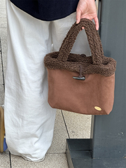 阿宝-韩风ins金标复古牛角扣毛绒麂皮手提包包百搭双拼两用休闲