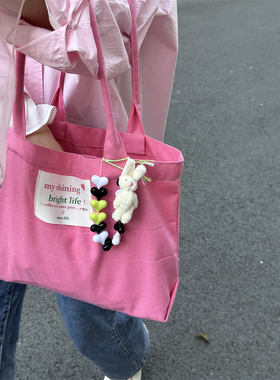 阿宝-自制ins可爱粉色小手提包买菜购物环保袋手拎春游百搭帆布包