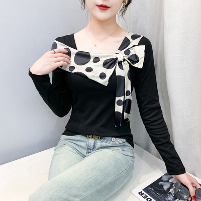 方领打底衫长袖设计感蝴蝶结上衣