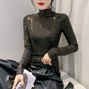 T恤显瘦洋气小衫 亮片上衣紧身内搭长袖 女秋冬欧货时尚 高领打底衫