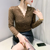 女秋冬 欧货透视网纱上衣洋气百搭打底衫 性感镂空V领蕾丝衫 女长袖