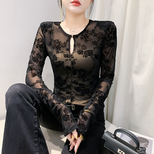 加绒打底衫女秋冬欧货植绒网纱上衣洋气内搭性感镂空蕾丝长袖t恤