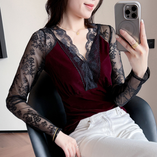性感蕾丝拼接V领T恤女长袖 秋冬 设计感洋气上衣紧身内搭加绒打底衫