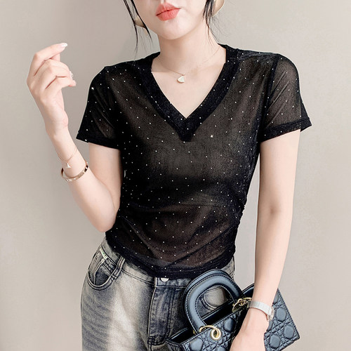 欧货重工烫钻短袖性感网纱上衣女