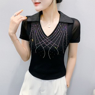 潮 欧货设计感翻领上衣洋气百搭烫钻小衫 性感V领网纱T恤女短袖 夏装