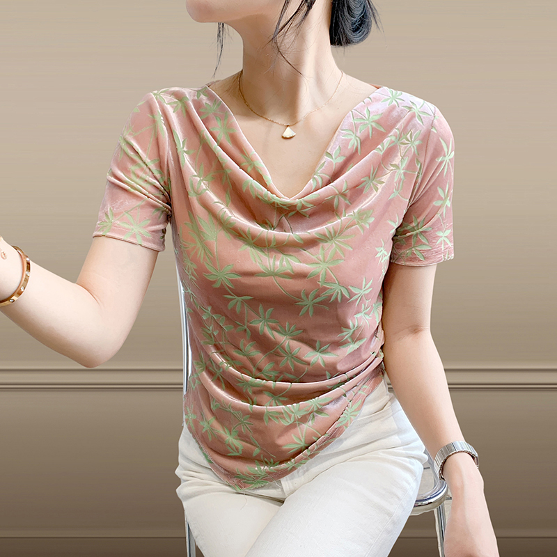 欧货提花网纱短袖时尚不规则上衣