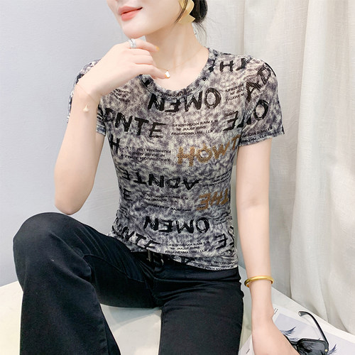 时尚字母烫钻短袖弹力网纱上衣女