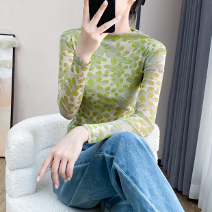 t恤小衫 高领打底衫 显瘦长袖 欧货印花网纱上衣修身 女2025秋冬新款