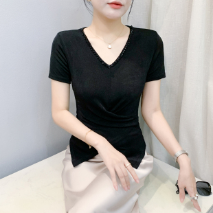 显瘦洋气小衫 2025夏季 设计感褶皱上衣修身 性感V领T恤女短袖 潮 新款