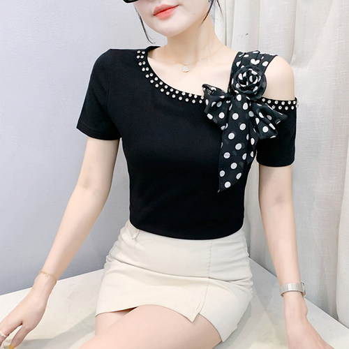 性感露肩短袖设计感蝴蝶结上衣女