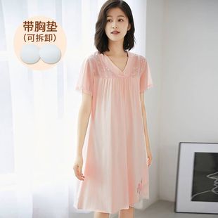 莫代尔人棉蕾丝宫廷甜美公主风睡衣裙长款 带胸垫睡裙女夏季 小个子