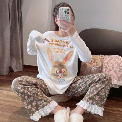 100%纯棉睡衣女春秋季长袖大码全棉家居服套装学生夏ins风卡通冬