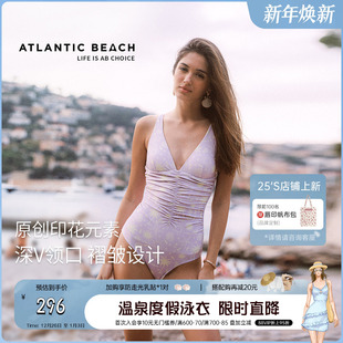atlanticbeach性感连体泳衣女遮肚显瘦印花V领绝美温泉度假泳装 夏