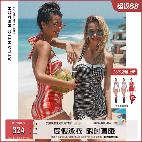 atlanticbeach度假泳衣 2024复古格纹系列性感挂脖时尚连体泳衣女