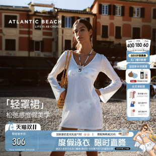 atlanticbeach度假比基尼泳衣透气罩衫裙子女v领长袖沙滩防晒衫夏