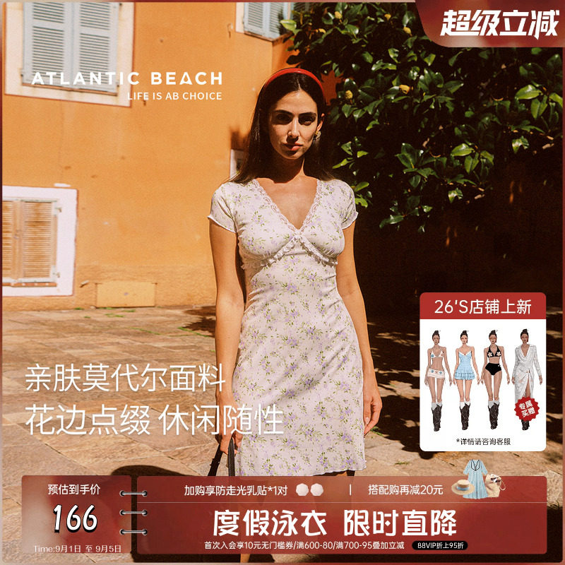 atlanticbeach2026新款印花短袖连衣裙女海边度假显瘦v领直筒裙子