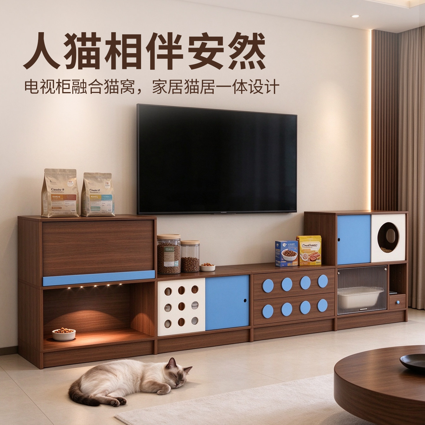 猫窝四季通用小户型多猫家庭猫咪食堂结实耐用人宠共居家具储物柜